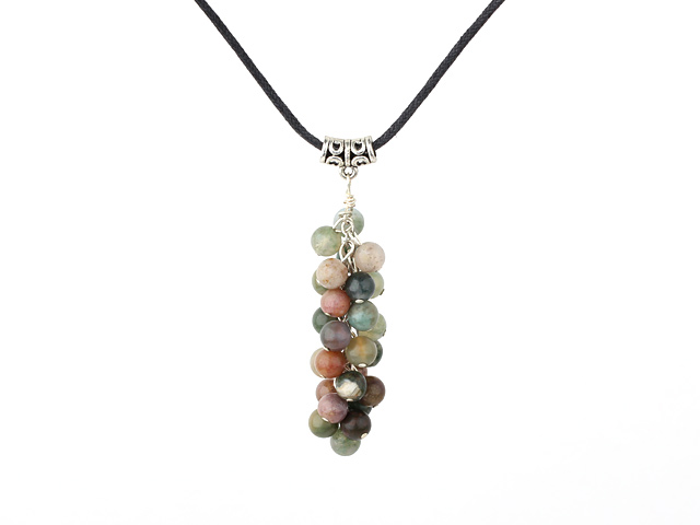 Lovely 6Mm Cluster Style Round Colorful Indian Agate Beaded Necklace With Tube Metal Black Crods