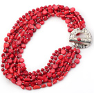 Fashion Multi Strand Round Cylinder Teardrop And Mixed Irregular Shape Red Coral Necklace With Toggle Clasp