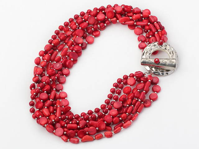 Fashion Multi Strand Round Cylinder Teardrop And Mixed Irregular Shape Red Coral Necklace With Toggle Clasp