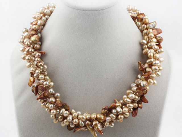 Multi Strands Golden Yellow Freshwater Pearl and Teeth Shape Pearl Twisted Necklace