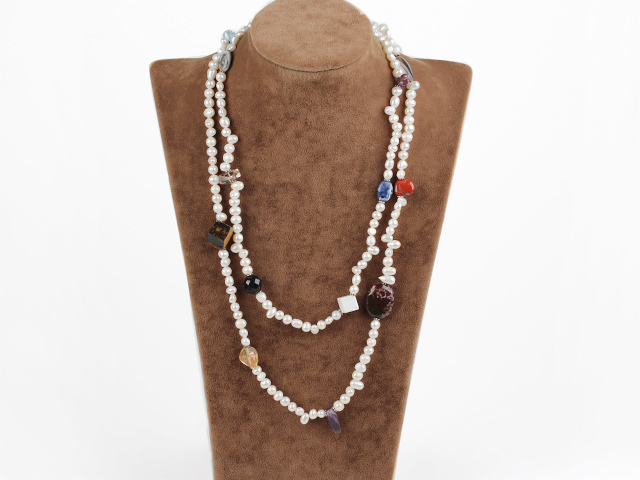 Popular Long Style White Baroque Pearl And Colorful Multi-Stone Beaded Necklace