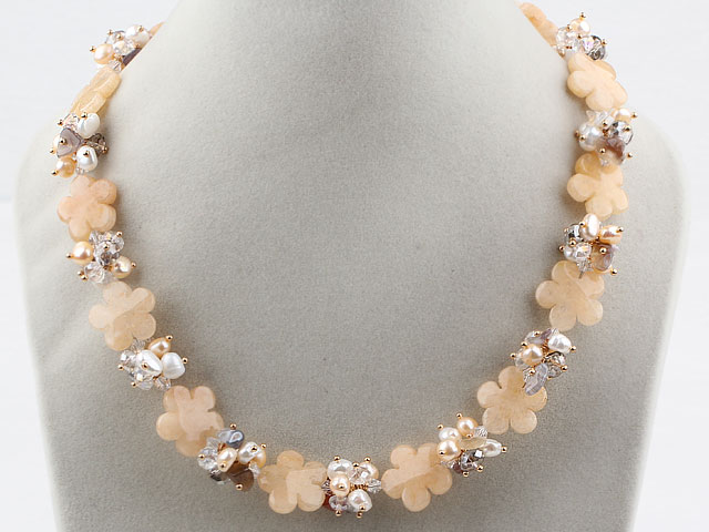 Freshwater Pearl Crystal and Yellow Jade Flower Necklace