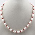 Classic Design 8-9mm White Freshwater Pearl and Small Red Crystal Necklace