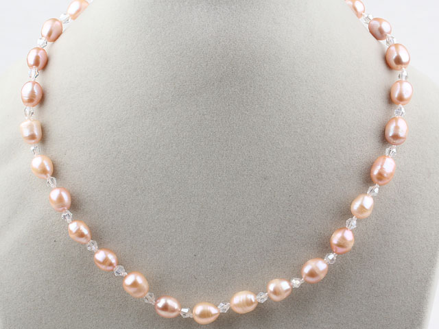 Classic Design 8-9mm Pink Freshwater Pearl and Small White Crystal Necklace