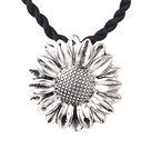 Simple Style Sunflower Shape Tibet Silver Pendant Necklace With Twisted Black Cord