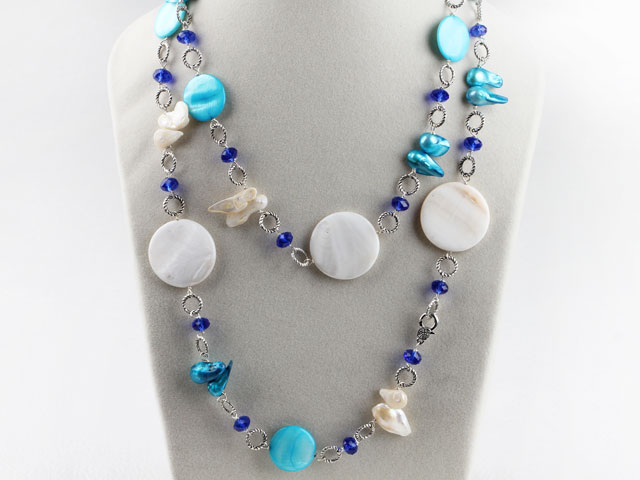 crystal teeth pearl white and blue shell disc necklace