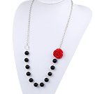 Fashion style black agate and red acrylic flower necklace with silver color metal chain