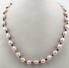 Single Strand Natural Pink Freshwater Pearl and Black Crystal Necklace