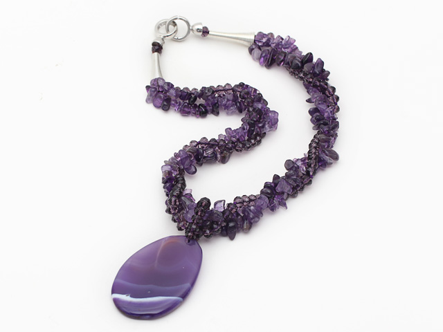 Multi Strand Amethyst Necklace with Purple Agate Pendant