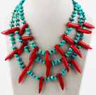 Multi Strand Turquoise and Red Pepper Shape Coral Necklace