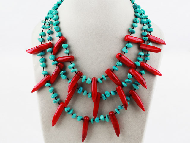 Multi Strand Turquoise and Red Pepper Shape Coral Necklace