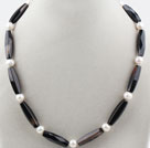 Long Barrel Shape Black Agate and Round White Freshwater Pearl Necklace