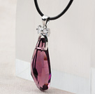 Simple Design Purple Color Austrian Crystal Eggplant Shape Pendant Necklace with Leather Chain