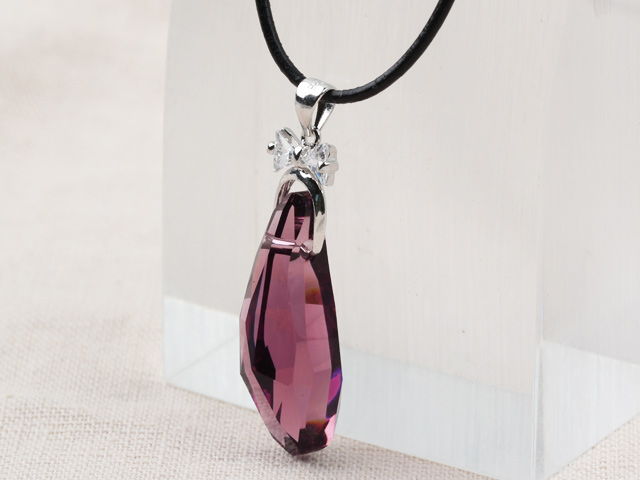 Simple Design Purple Color Austrian Crystal Eggplant Shape Pendant Necklace with Leather Chain