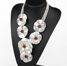 Elegant and Big Style White Freshwater Pearl and Carnelian and White Lip Shell Flower Party Necklace