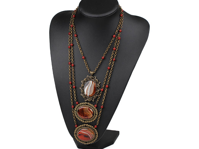 Vintage Style Three Layer Visional Agate Necklace with Bronze Chain