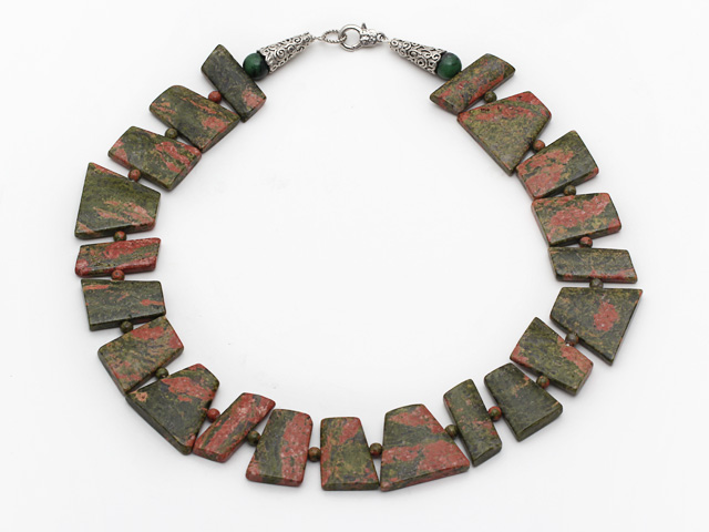 Chunky Style Trapezoid Green Piebald Stone Necklace with Lobster Clasp
