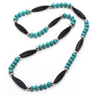 Long Style Turquoise Necklace with Long Barrel Shape Black Agate and Silver Color Metal Beads