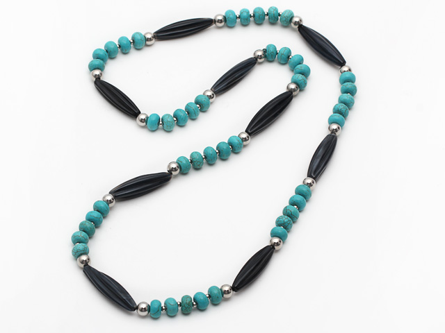 Long Style Turquoise Necklace with Long Barrel Shape Black Agate and Silver Color Metal Beads
