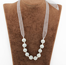 14mm white colored glaze necklace with ribbon