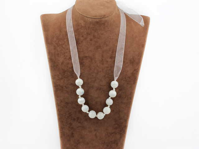 14mm white colored glaze necklace with ribbon