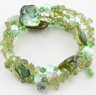 Green Series Olivine Stone and Green Pearl Crystal and Green Shell Wrap Bangle Bracelet