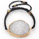 Oval Shape White Crystallized Agate Drawstring Bracelet with Golden Color Metal Beads