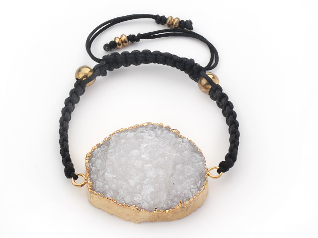 Oval Shape White Crystallized Agate Drawstring Bracelet with Golden Color Metal Beads