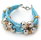 Bold Style Light Blue Leather Cuff Bracelet with Metal Accessories and Lobster Clasp