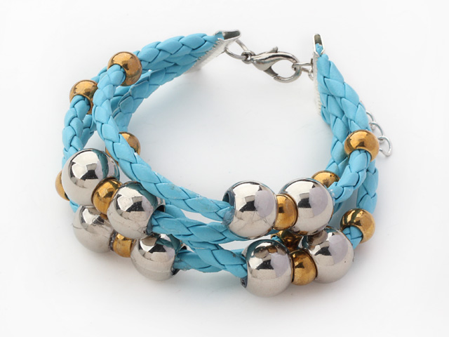Bold Style Light Blue Leather Cuff Bracelet with Metal Accessories and Lobster Clasp