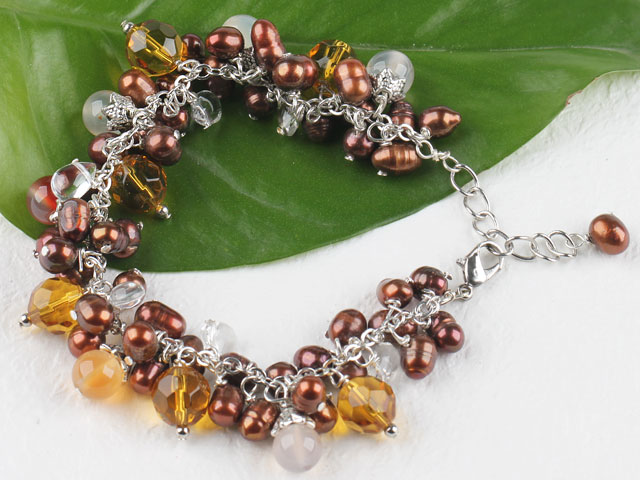 brown pearl crystal and agate bracelet with extendable chain