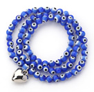 Sapphire Blue Round Eye Shape Colored Glaze Three Times Wrap Bracelet with Metal Heart Accessory