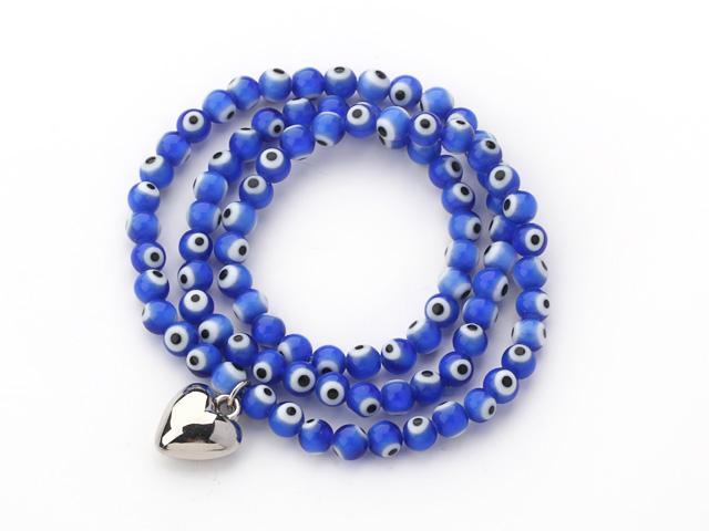 Sapphire Blue Round Eye Shape Colored Glaze Three Times Wrap Bracelet with Metal Heart Accessory