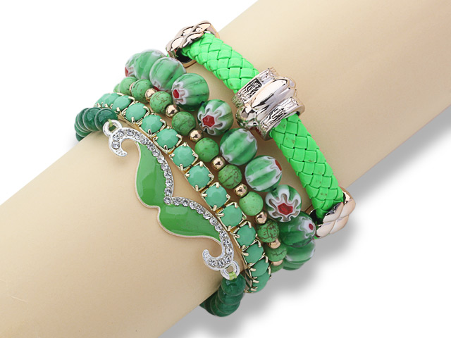 5 Pieces Green Series Assorted Turquoise and Acrylic and Colored Glaze and Leather Bracelets