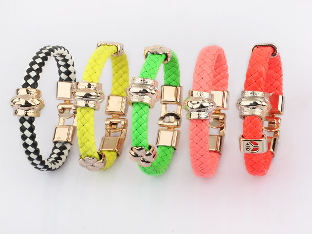 5 Pieces Trendy Style Candy Color Leather Friendship Bracelet with Metal Accessories( Random Color )