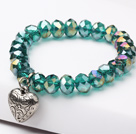 Peacock Blue Manmade Crystal Elastic Bangle Bracelet with Heart Shape Metal Accessories