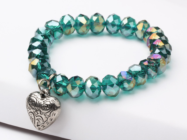 Peacock Blue Manmade Crystal Elastic Bangle Bracelet with Heart Shape Metal Accessories