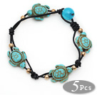 5 Pieces Turquoise Tortoise Leather Bracelets with White Leather and Bead Clasp
