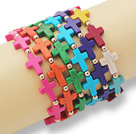 6 Pieces Multi Color Cross Shape Dyed Turquoise Stretch Bangle Bracelets with Metal Beads ( Random Color )