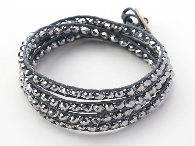 Fashion Style Gray Silver Color Crystal Woven Wrap Bangle Bracelet with Dark Gray Wax Thread