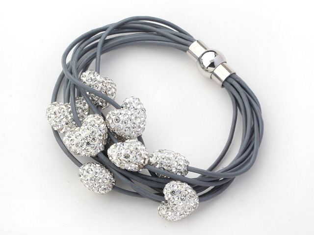 2013 Summer New Design Gray Leather Bracelet with Heart Shape White Rhinestone