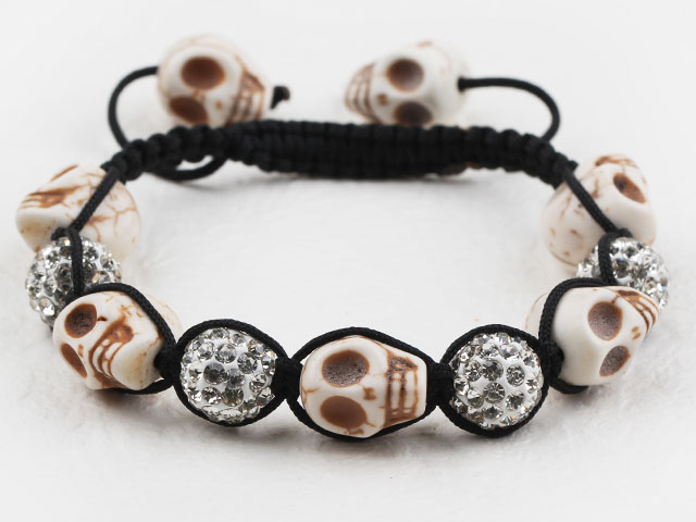 Fashion Style Howlite Skull and Rhinestone Ball Drawstring Halloween Bracelet