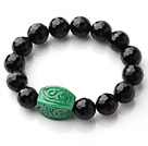 Classic Single Strand A Grade Faceted Black Agate And Green Jade Elastic Bracelet