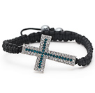 Fashion Style Sideway/Side Way Three Rows White and Blue Rhinestone Cross Bracelet with Black Cord Drawstring Bracelet