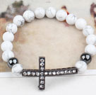 Black Rhinestone Sideway/Side Way Cross and Round Howlite Stretch Bracelet