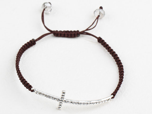 Fashion Style Sideway/Side Way White Rhinestone Cross Drawstring Bracelet with Adjustable Brown Cord
