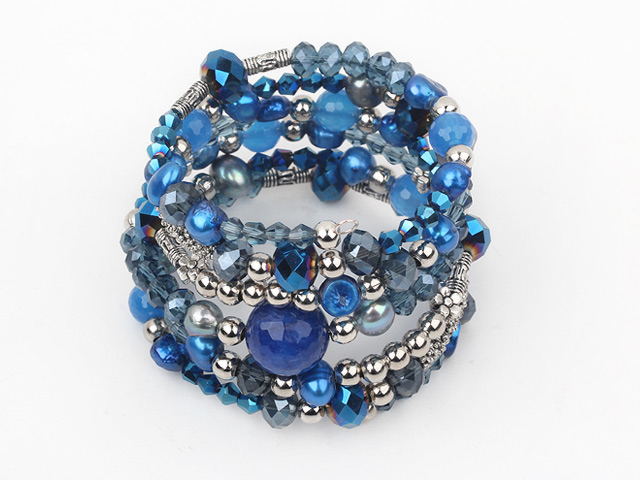 2013 Sprng Design Dark Blue Series Pearl Crystal and Blue Agate Wrap Bangle Bracelet
