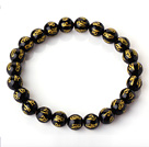 8mm Single Strand Round Black Kalcedon pärlstav Stretchig Armband med tryckta ord