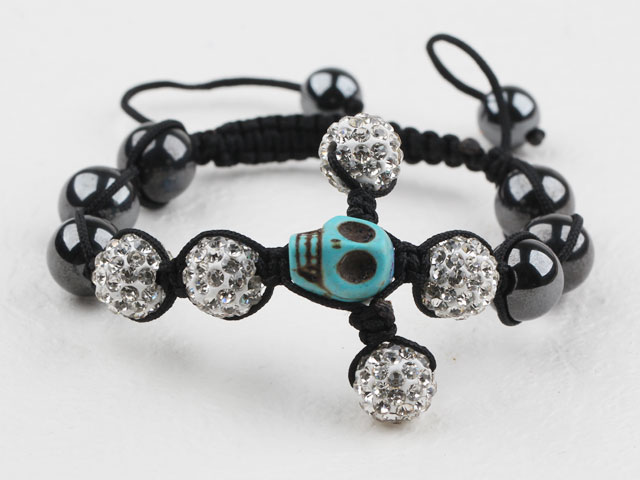Fashion Style Turquoise Skull and Rhinestone Ball and Tungsten Steel Stone Drawstring Bracelet