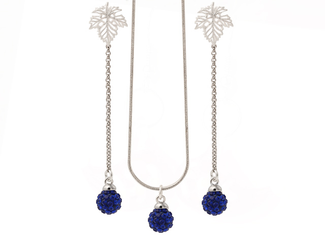 Nice Polymer Clay Dark Blue Rhinestone Ball Pendant Necklace And Elegant Leaf Studs Earrings Sets